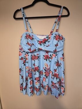 Floral Light Blue Tankini Top with Adjustable Straps
